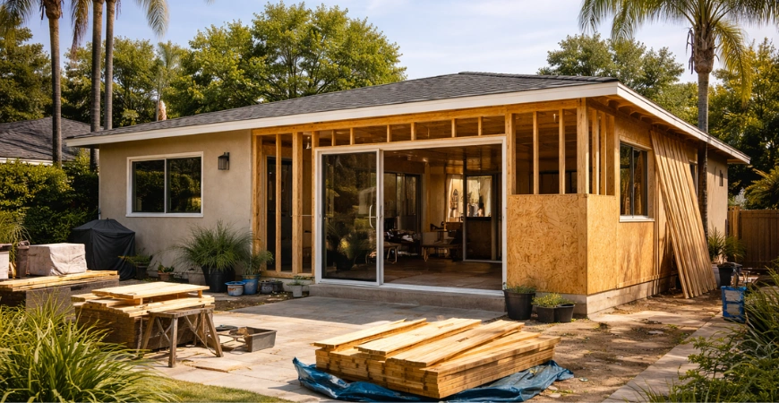 Home addition construction in progress with framing and expansion in Los Angeles by Trusted Contractor LA