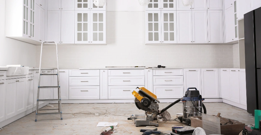 Kitchen remodeling in progress with cabinets installation and tools in Los Angeles by Trusted Contractor LA