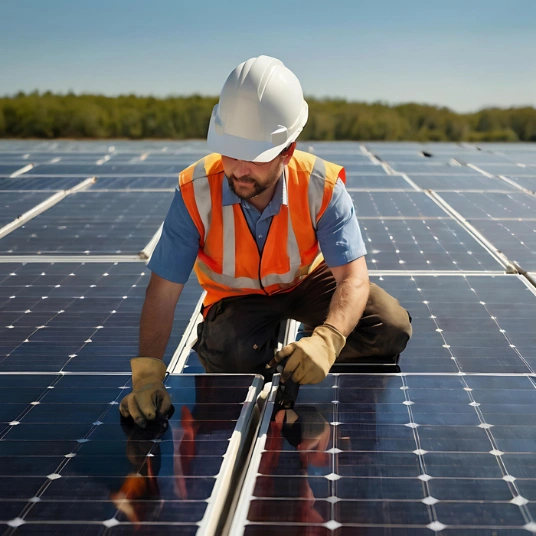 Solar energy system setup with panels and technician in Los Angeles by Trusted Contractor LA